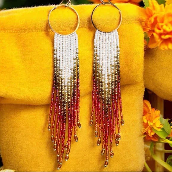 Sunset Ombré Beaded Fringe Earrings: Seed Bead Boho Earrings Chandelier Earrings - Picture 1 of 16